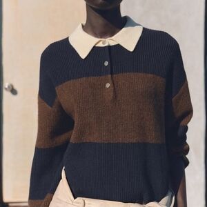 Mango Striped Polo Quarter Button-Front Collared Sweater In Navy/Brown/Ivory